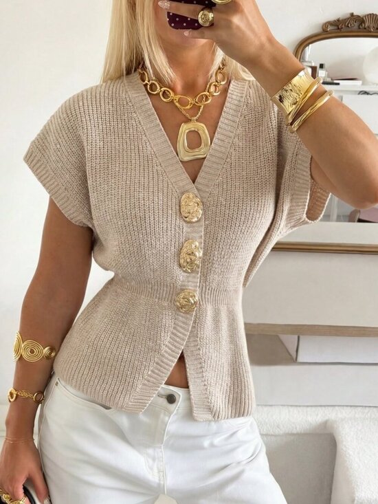Sweaters - Apricot Casual Women's V-Neck Short Sleeve Button Shirt